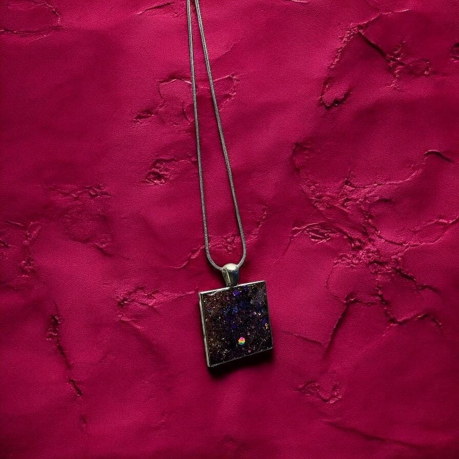 Square Pendant Necklace, Handmade Glitter Resin Jewelry