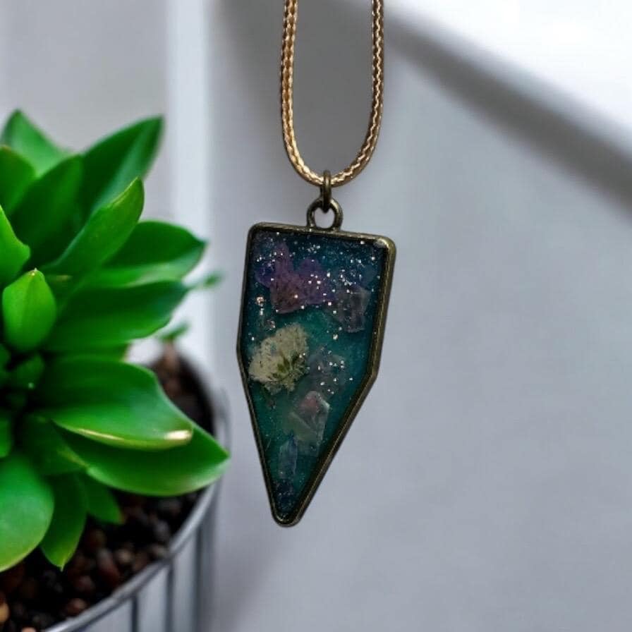 Triangle pendant vibrant floral glitter necklace