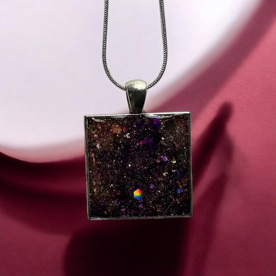 Square Pendant Necklace, Handmade Glitter Resin Jewelry