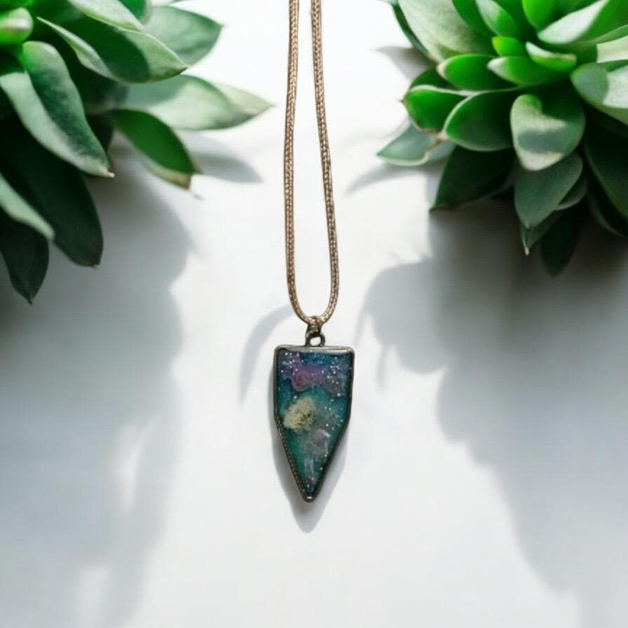 Triangle pendant vibrant floral glitter necklace