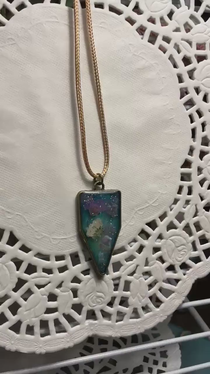 Triangle pendant vibrant floral glitter necklace